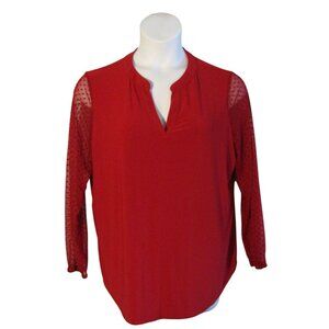 Kasper PXL XL Red Shirt Top Blouse Sheer Dot Sleeves Stretch